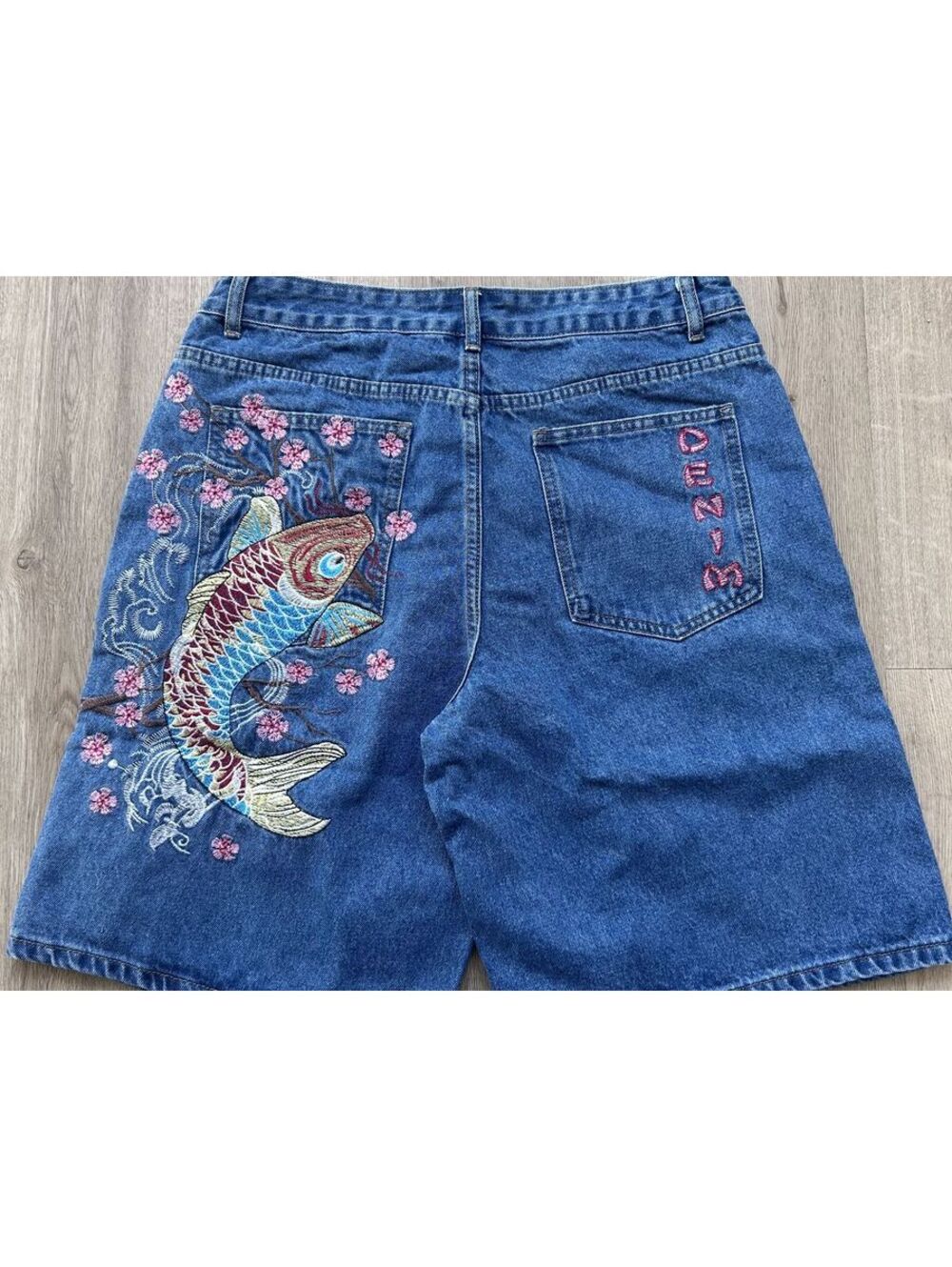 Denim Shorts with Embroidered Koi Fish